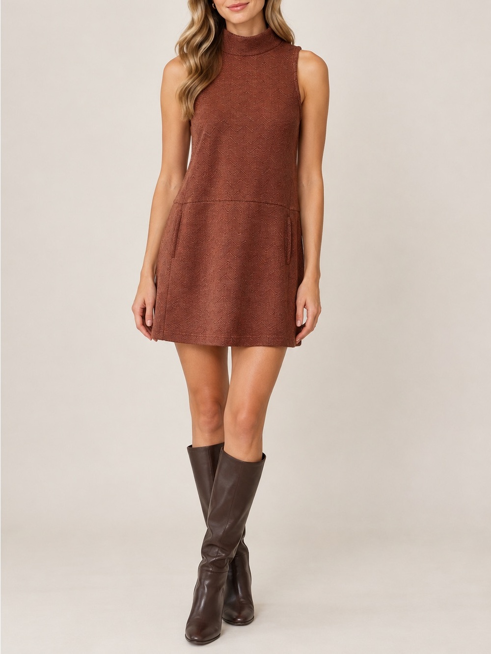 Free People Rust Chevron Mock Neck Sleeveless Mini Shift Dress XS EUC Twiggy